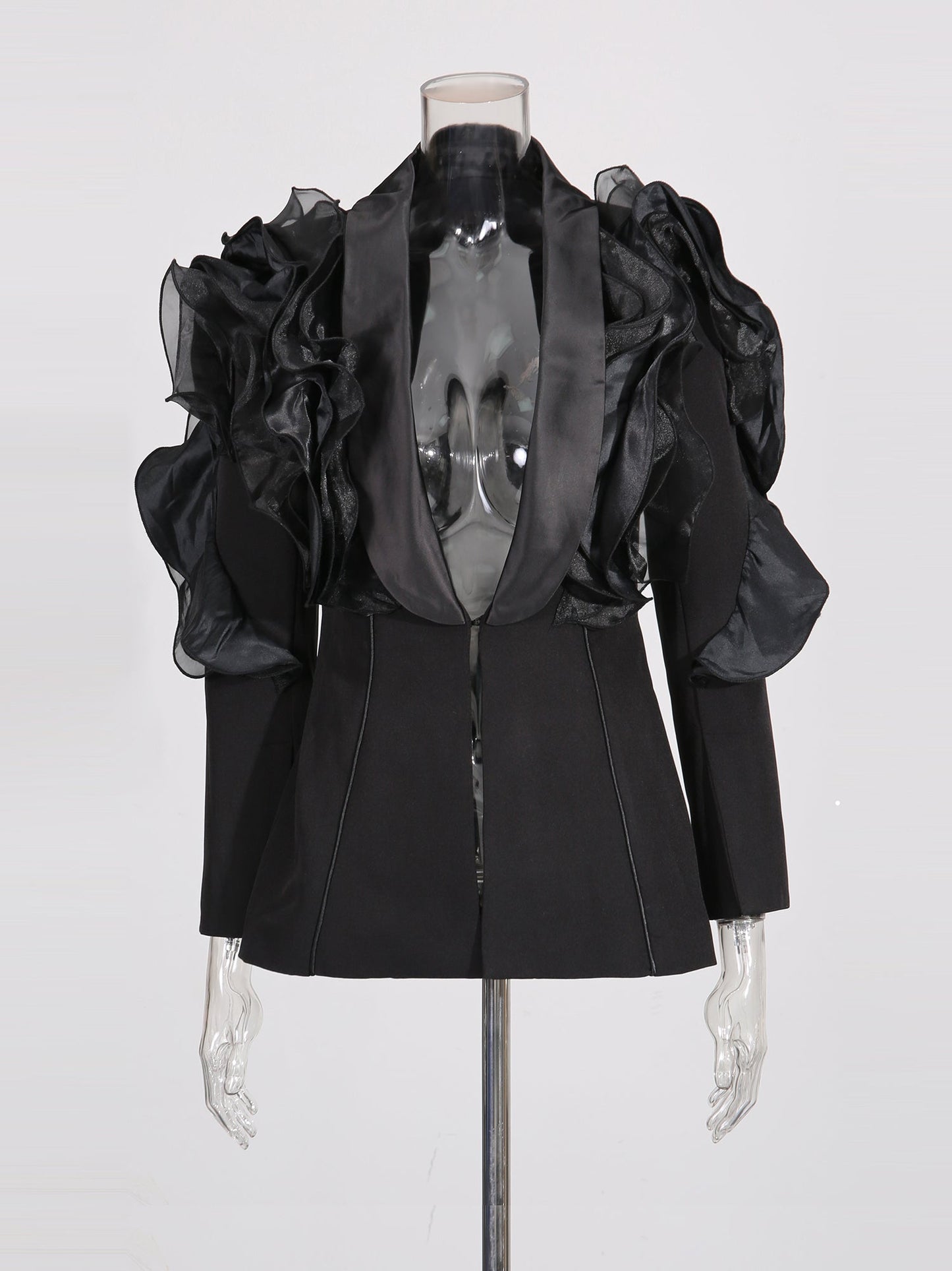 Black Blazer with Organza Ruffle Shoulder & Satin Lapel - SISPELL