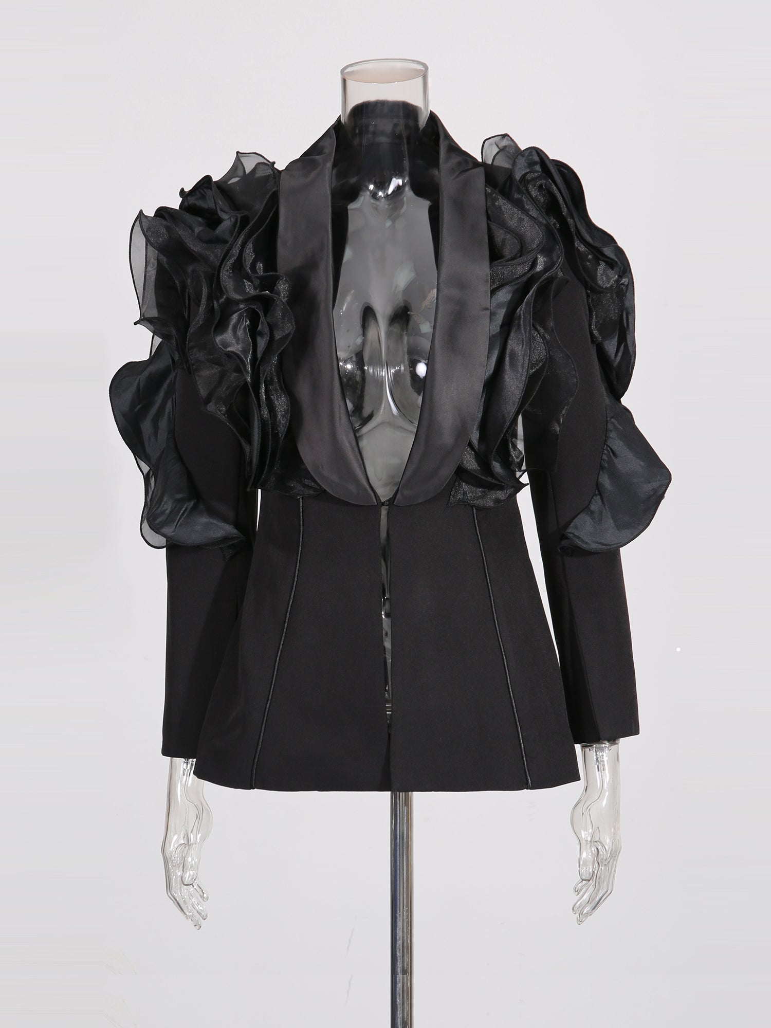Black Blazer with Organza Ruffle Shoulder & Satin Lapel - SISPELL