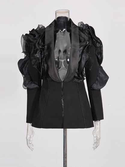 Black Blazer with Organza Ruffle Shoulder & Satin Lapel - SISPELL