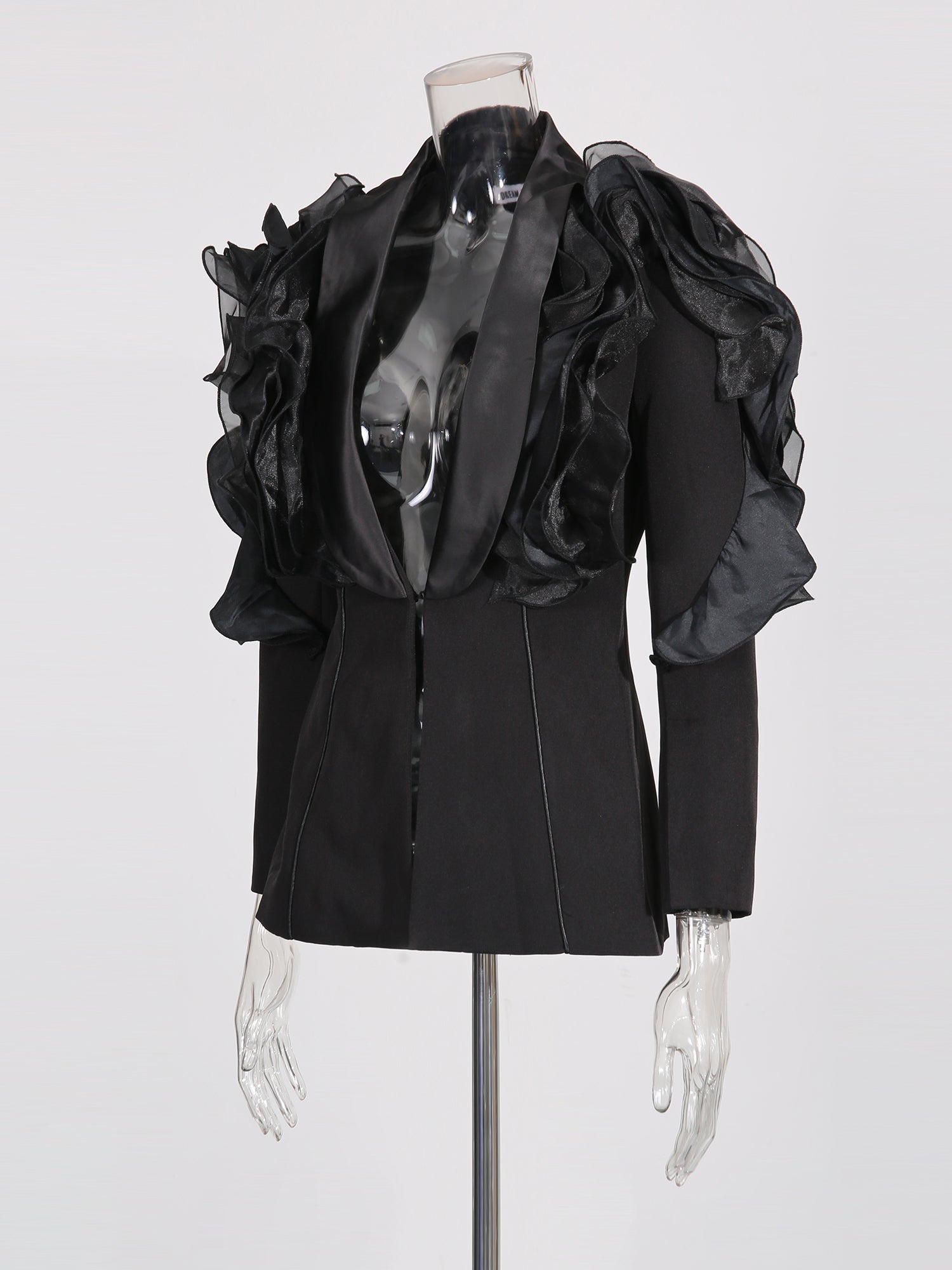 Black Blazer with Organza Ruffle Shoulder & Satin Lapel - SISPELL