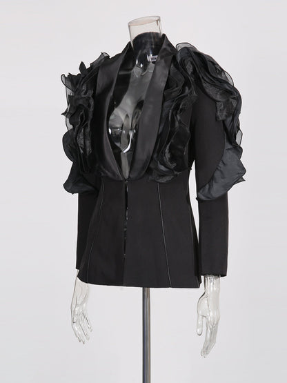 Black Blazer with Organza Ruffle Shoulder & Satin Lapel - SISPELL