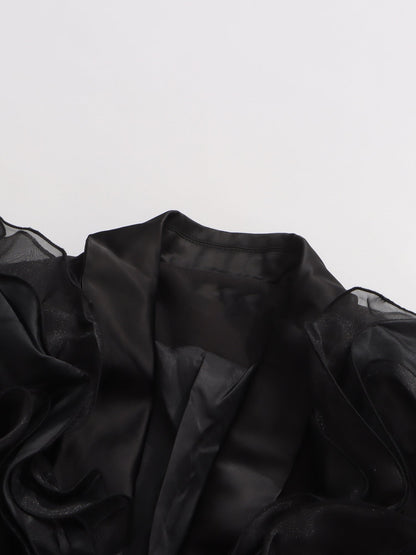 Black Blazer with Organza Ruffle Shoulder & Satin Lapel - SISPELL