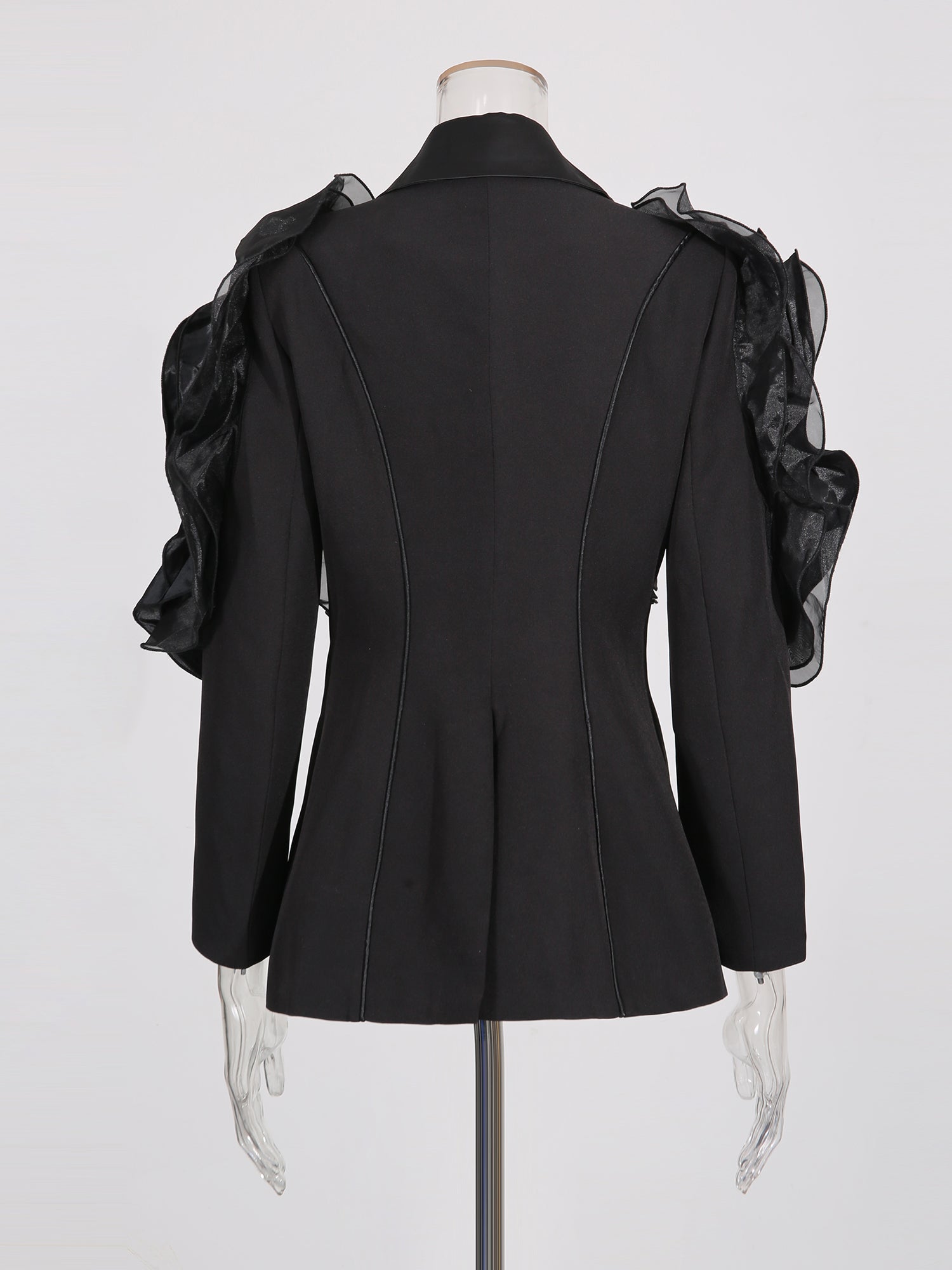 Black Blazer with Organza Ruffle Shoulder & Satin Lapel - SISPELL