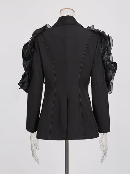Black Blazer with Organza Ruffle Shoulder & Satin Lapel - SISPELL