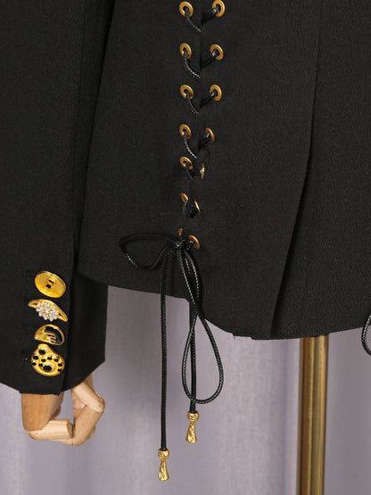 Black Blazer with Unique Gold Button Detailing - SISPELL