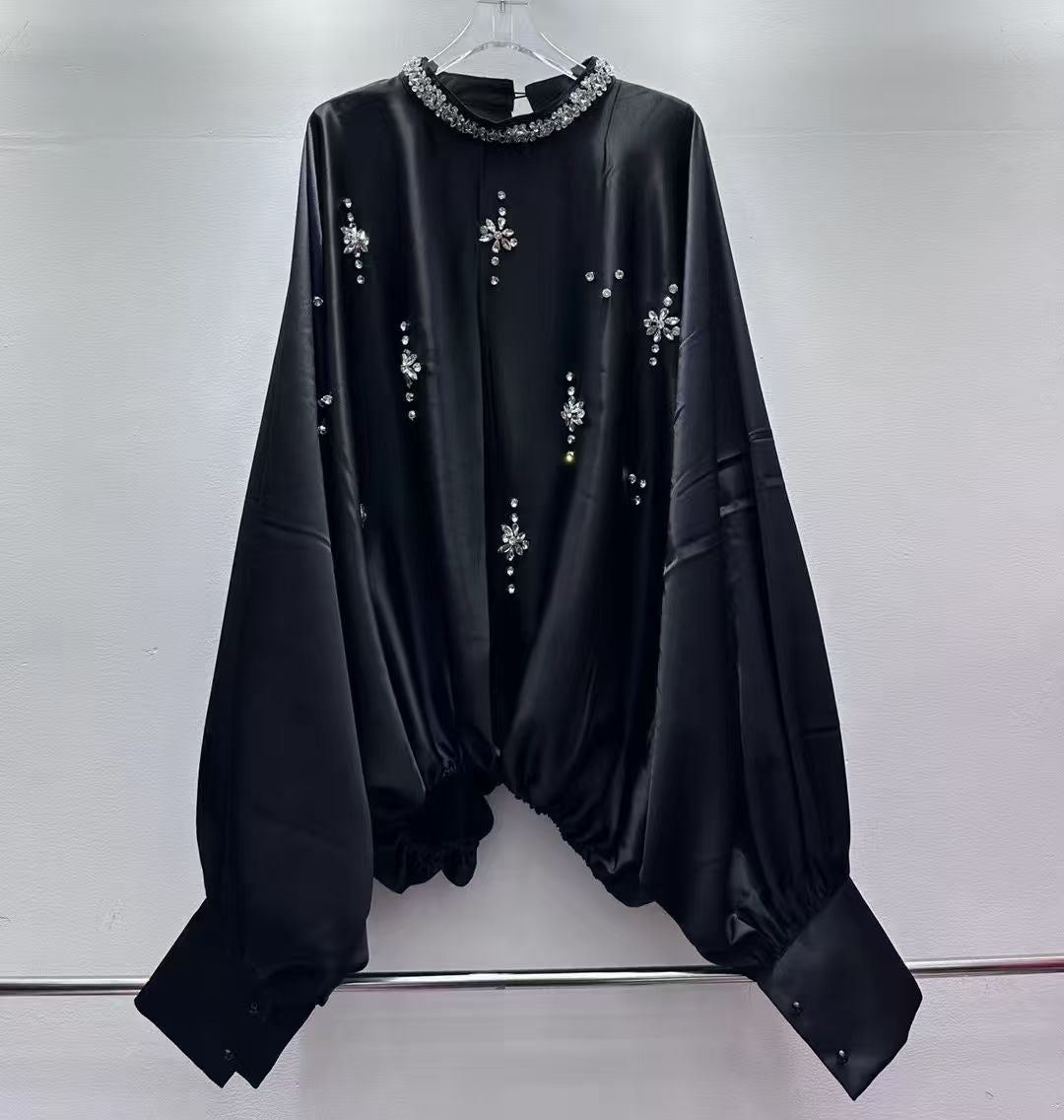 Black Blouse with Rhinestone Floral & Batwing Sleeve Detail - SISPELL
