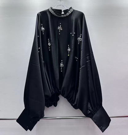 Black Blouse with Rhinestone Floral & Batwing Sleeve Detail - SISPELL