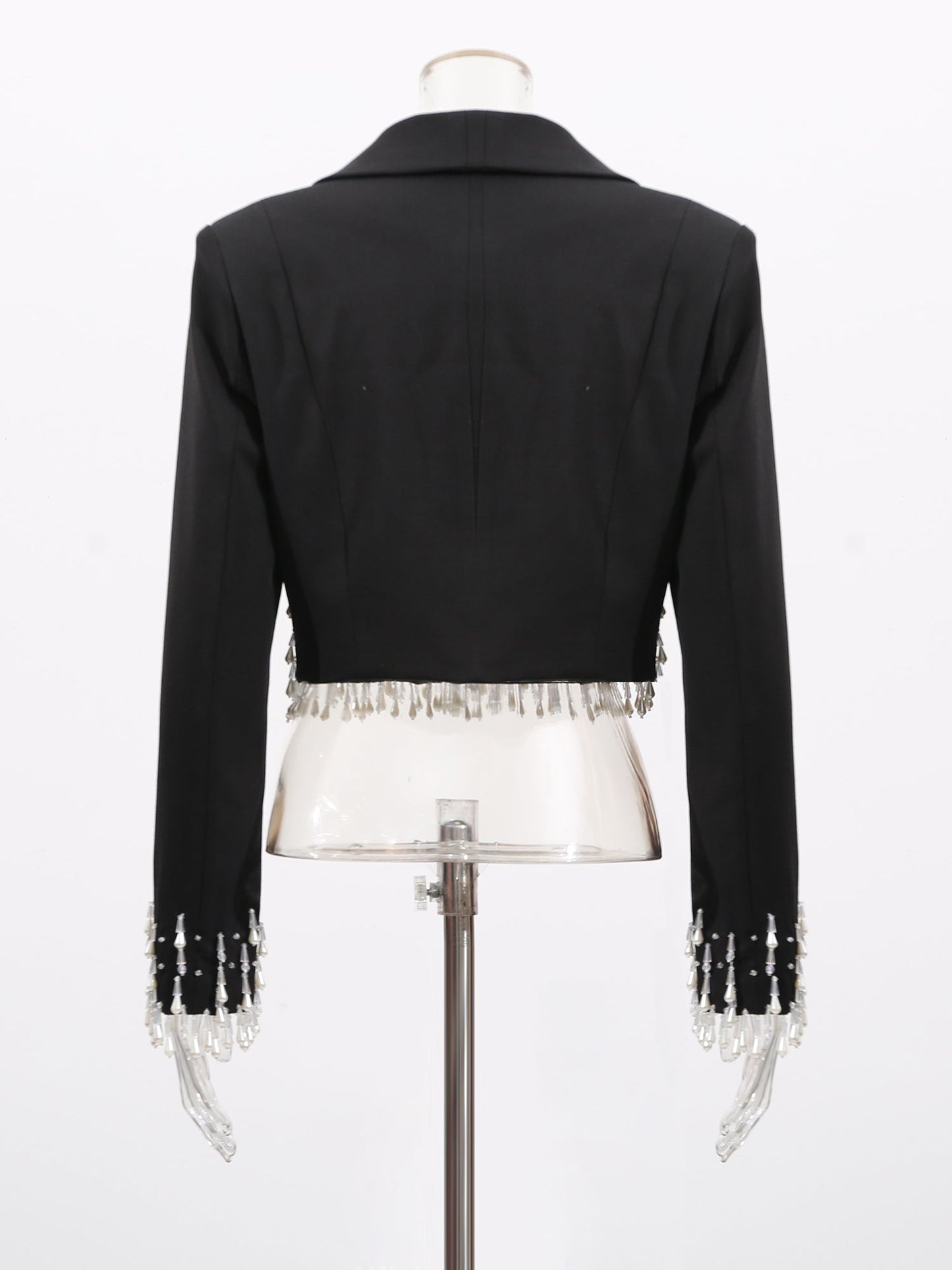 Black Cropped Blazer with Beaded Fringe - SISPELL