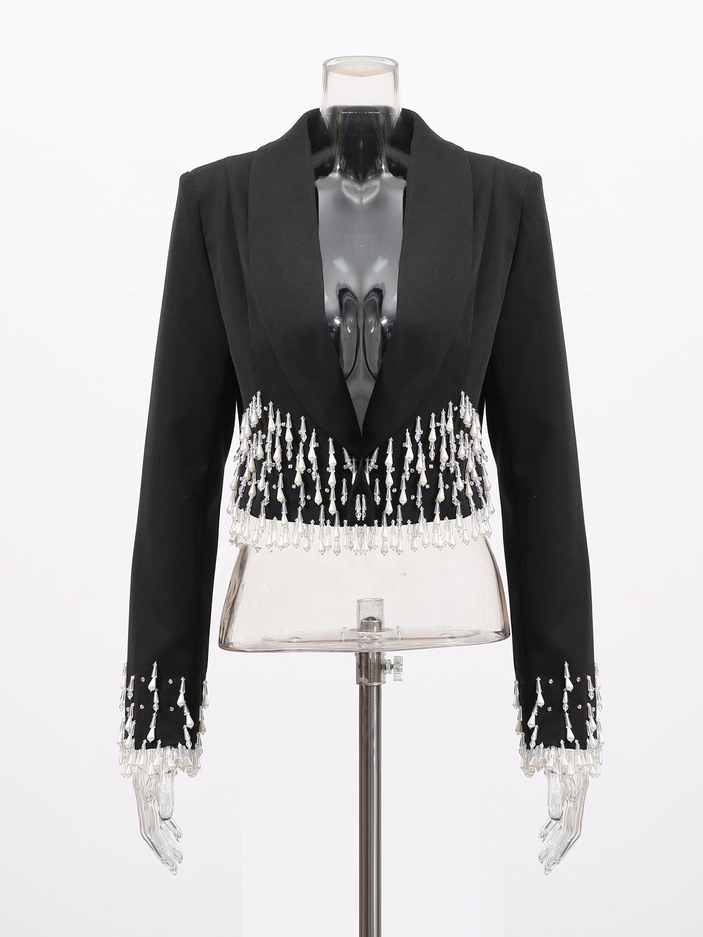 Black Cropped Blazer with Beaded Fringe - SISPELL