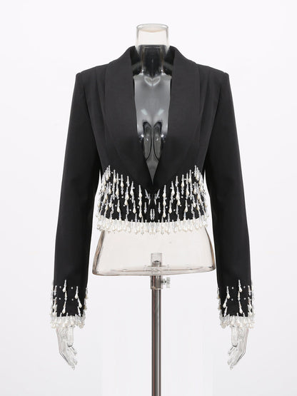Black Cropped Blazer with Beaded Fringe - SISPELL