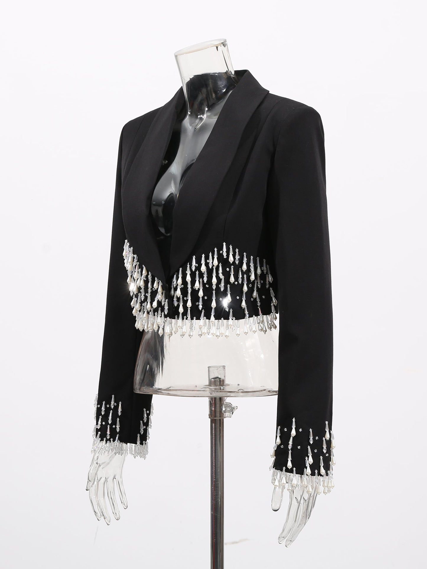 Black Cropped Blazer with Beaded Fringe - SISPELL