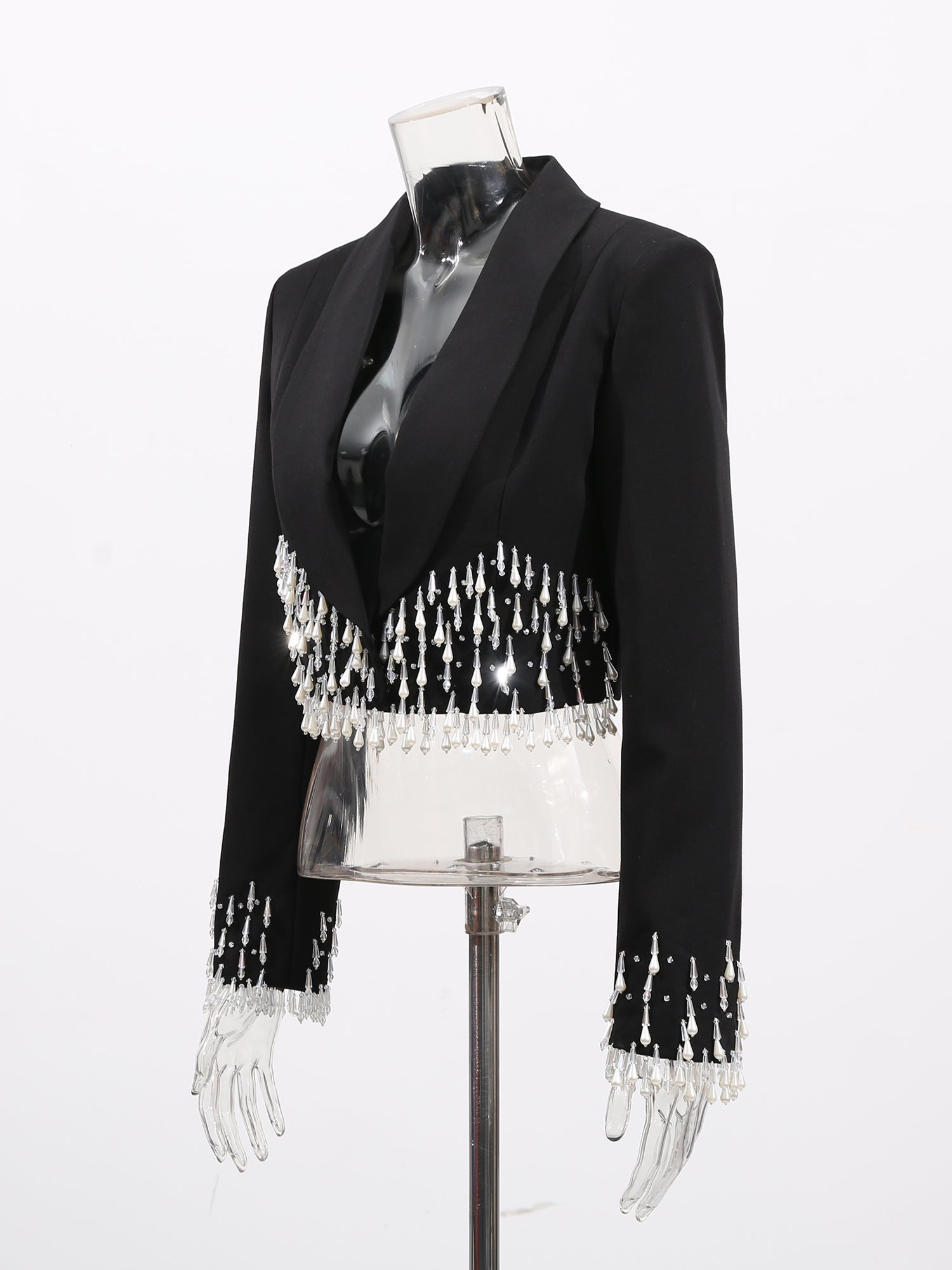 Black Cropped Blazer with Beaded Fringe - SISPELL