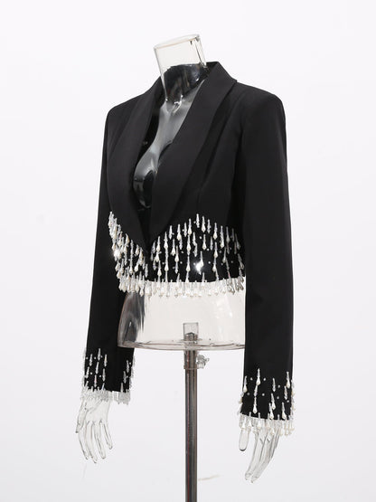 Black Cropped Blazer with Beaded Fringe - SISPELL