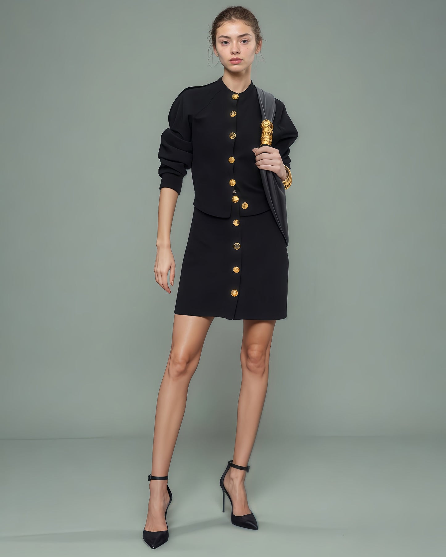 Black Cropped Jacket & Skirt Set with Gold Buttons - SISPELL