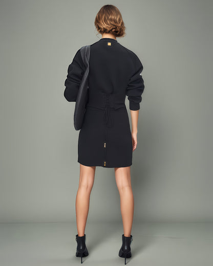 Black Cropped Jacket & Skirt Set with Gold Buttons - SISPELL