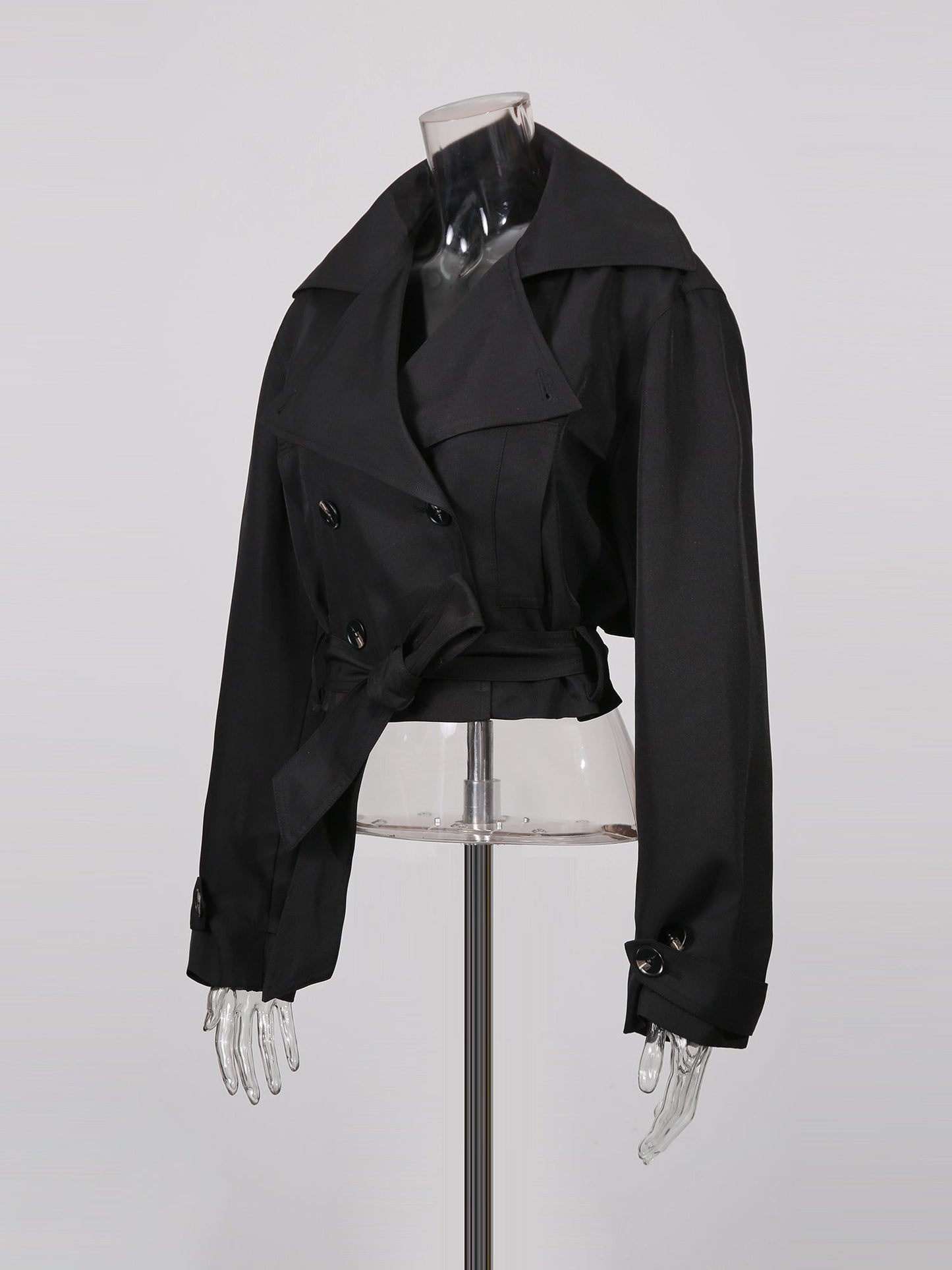 Black Cropped Trench Coat with Belted Waist - SISPELL