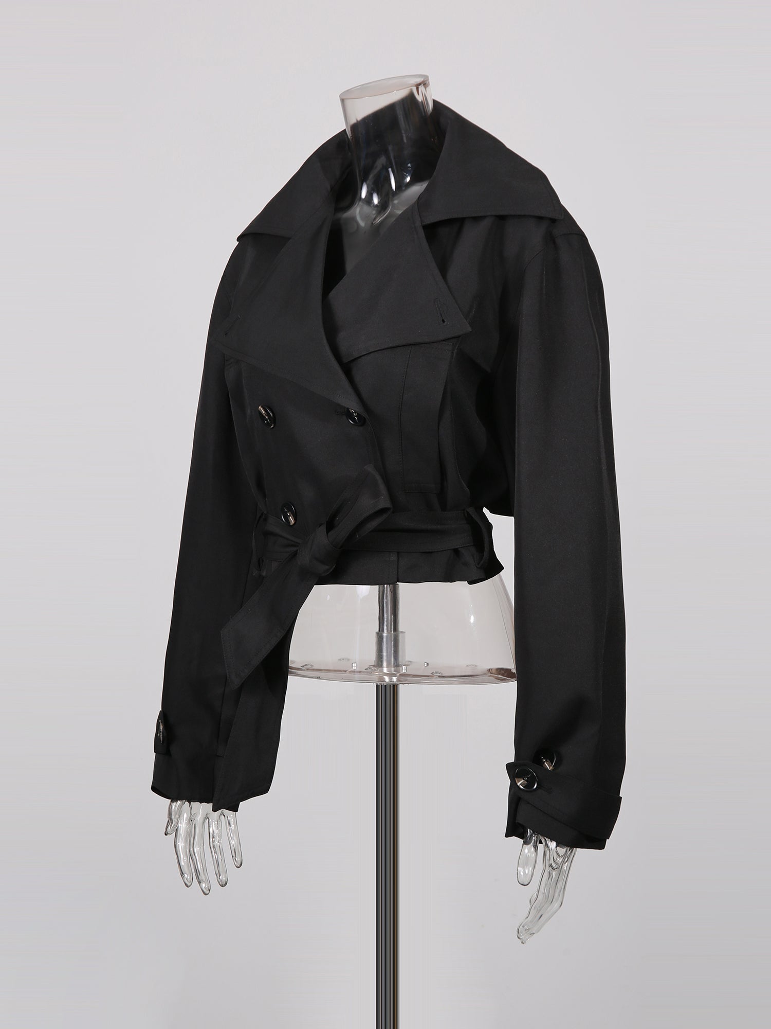 Black Cropped Trench Coat with Belted Waist - SISPELL