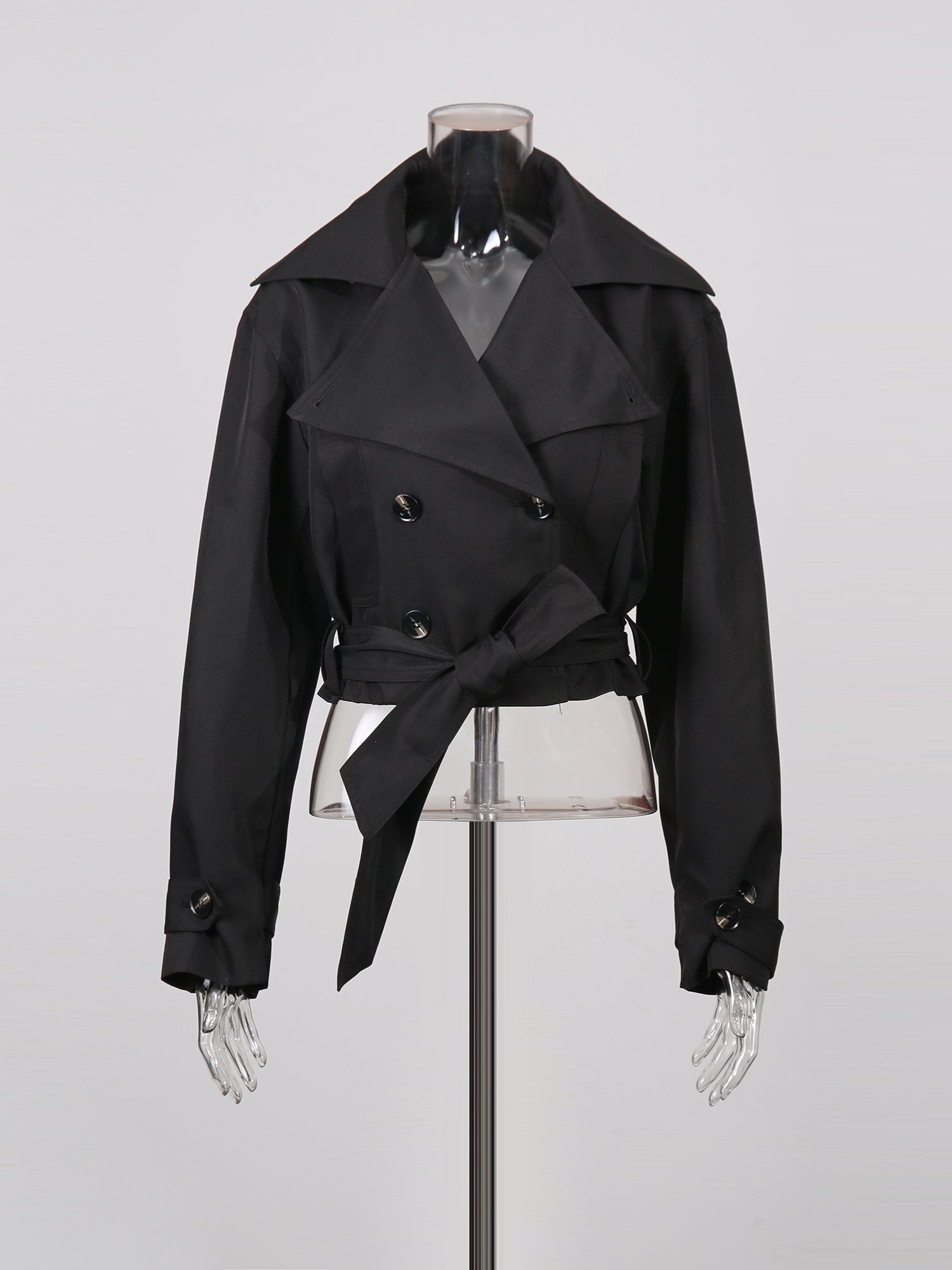 Black Cropped Trench Coat with Belted Waist - SISPELL