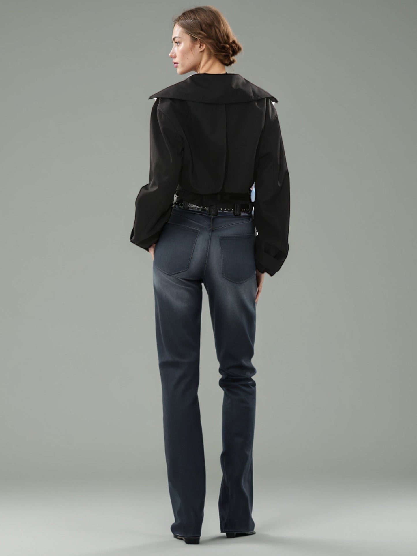 Black Cropped Trench Coat with Belted Waist - SISPELL