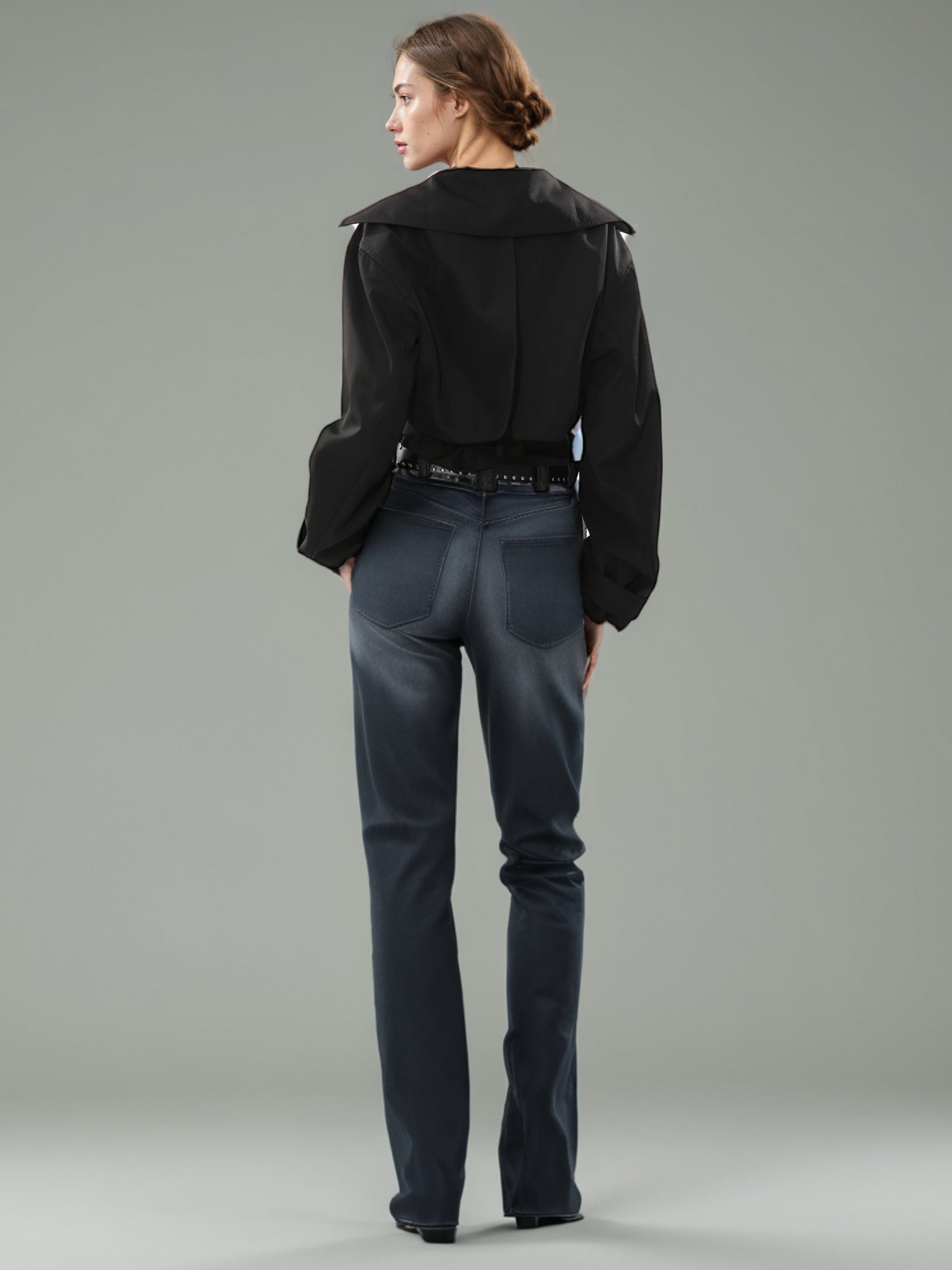 Black Cropped Trench Coat with Belted Waist - SISPELL