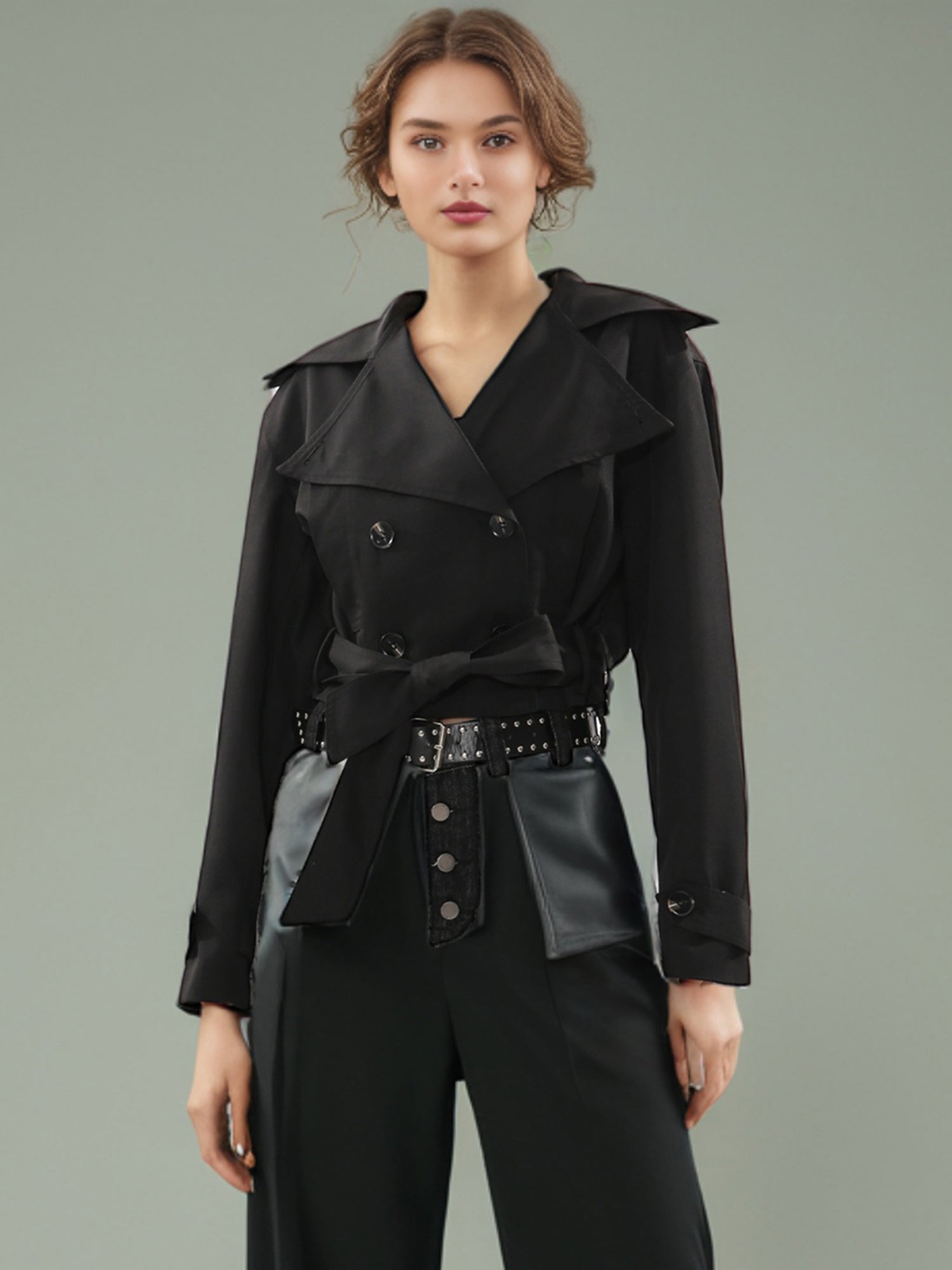Black Cropped Trench Coat with Belted Waist - SISPELL