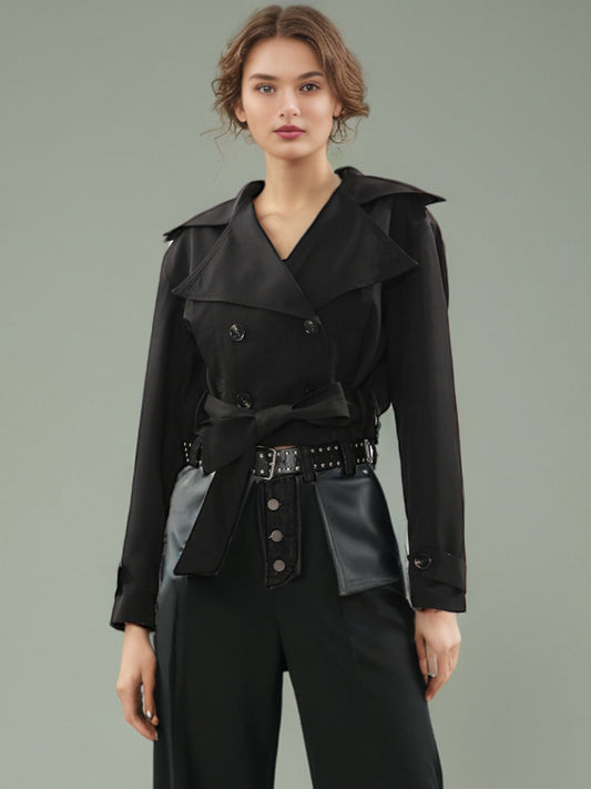 Black Cropped Trench Coat with Belted Waist - SISPELL