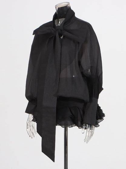 Black Dress with Oversized Bow & Ruffled Hem - SISPELL