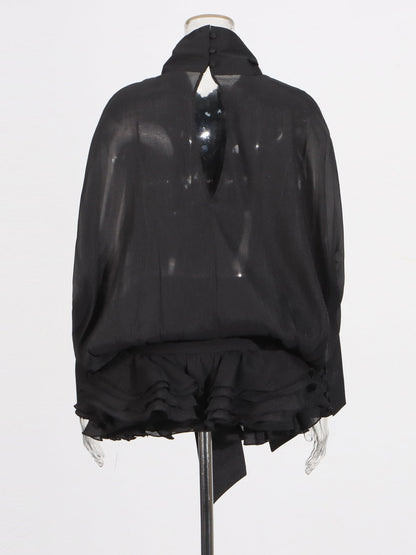 Black Dress with Oversized Bow & Ruffled Hem - SISPELL