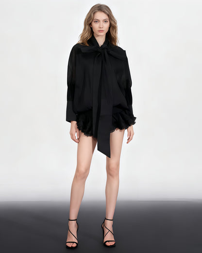 Black Dress with Oversized Bow & Ruffled Hem - SISPELL