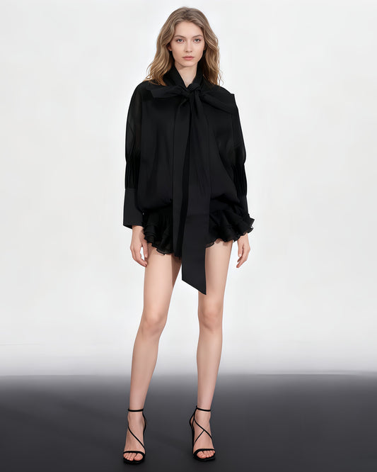 Black Dress with Oversized Bow & Ruffled Hem - SISPELL