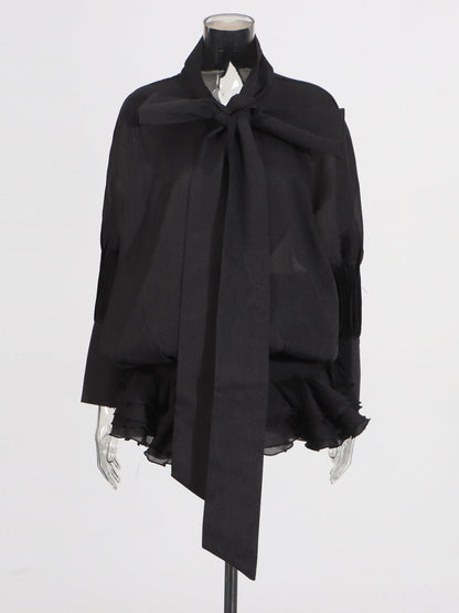 Black Dress with Oversized Bow & Ruffled Hem - SISPELL
