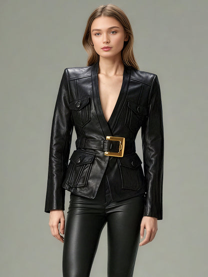 Black Faux Leather Belted Jacket with Gold Buckle - SISPELL