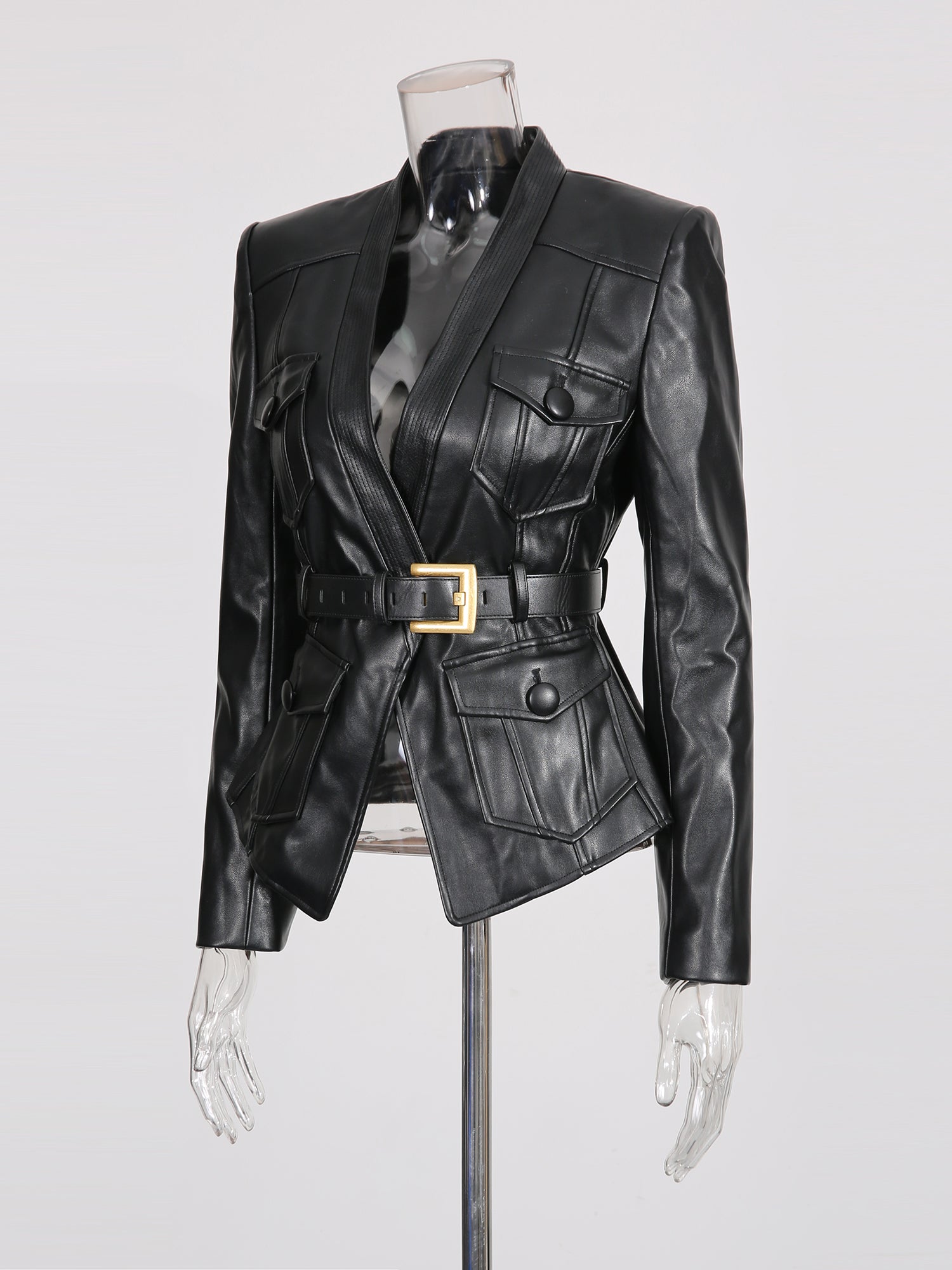 Black Faux Leather Belted Jacket with Gold Buckle - SISPELL