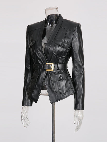 Black Faux Leather Belted Jacket with Gold Buckle - SISPELL