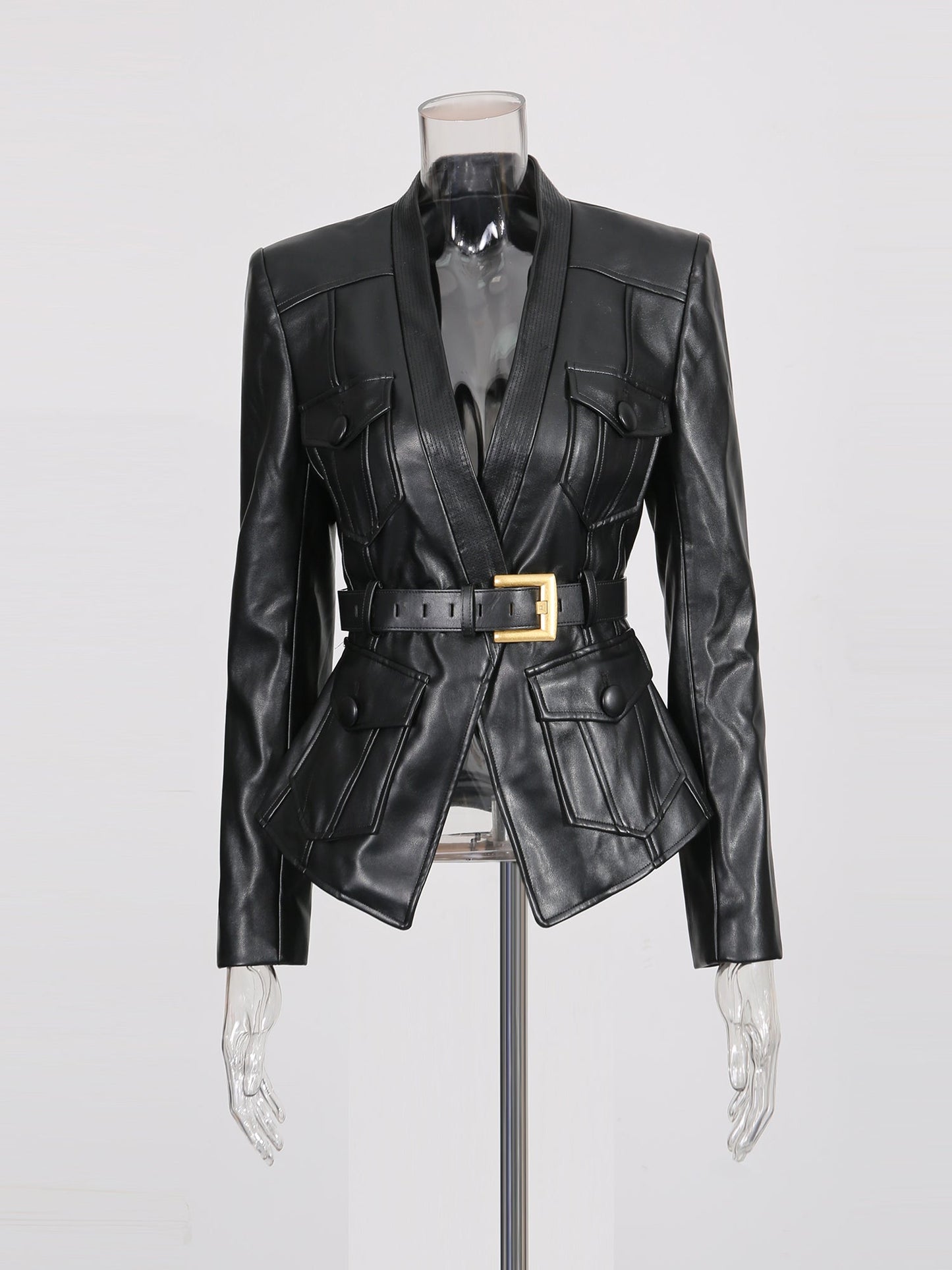 Black Faux Leather Belted Jacket with Gold Buckle - SISPELL