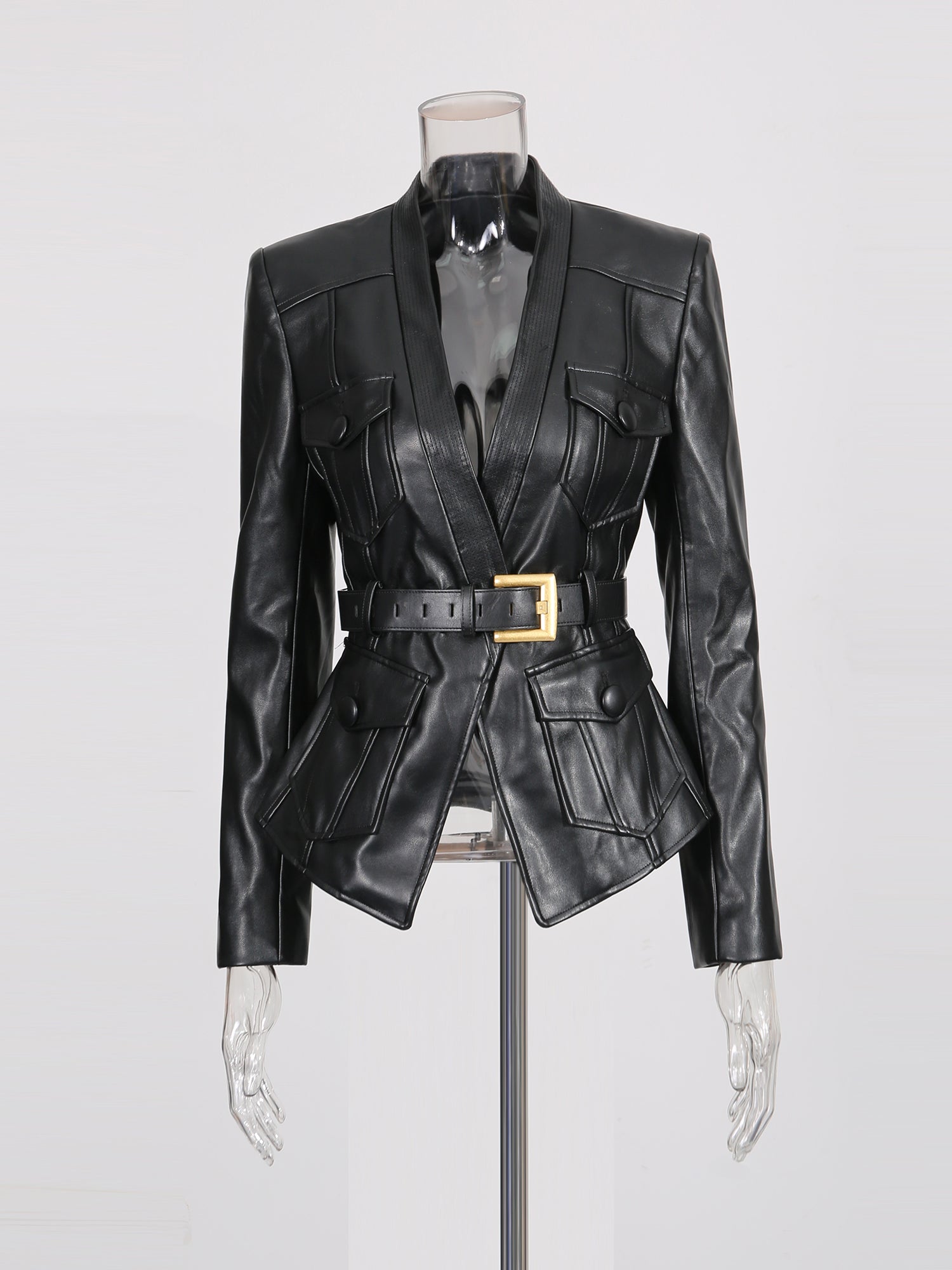 Black Faux Leather Belted Jacket with Gold Buckle - SISPELL