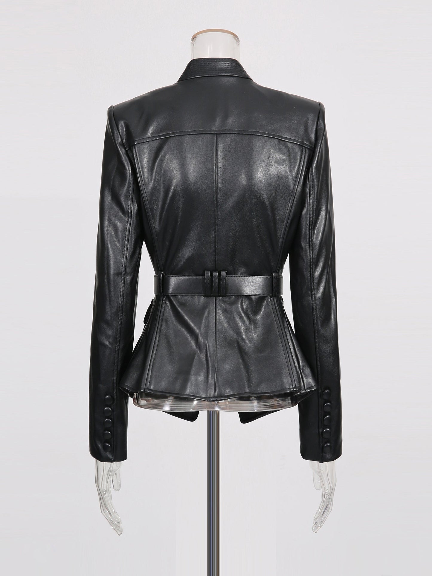 Black Faux Leather Belted Jacket with Gold Buckle - SISPELL