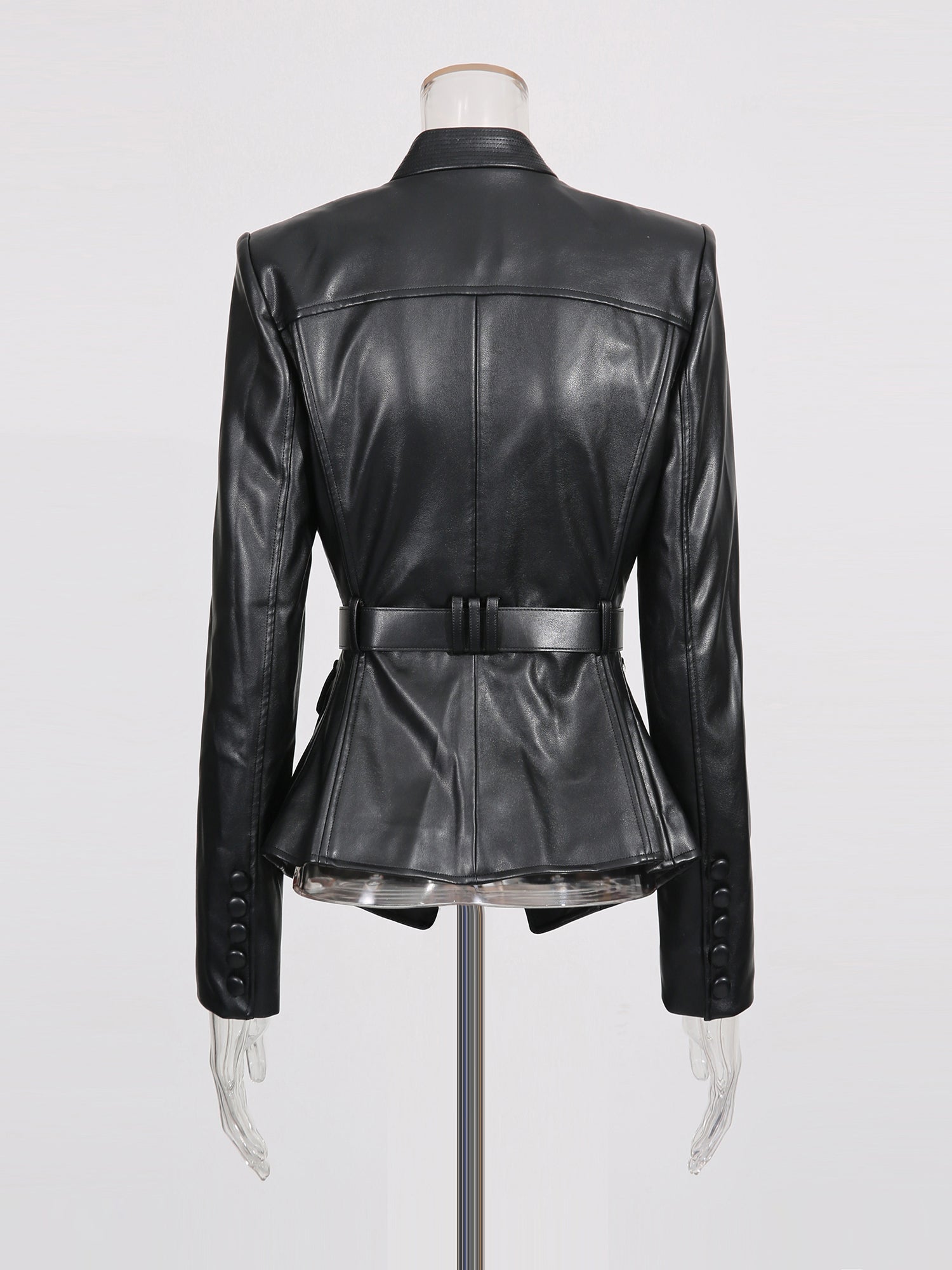 Black Faux Leather Belted Jacket with Gold Buckle - SISPELL