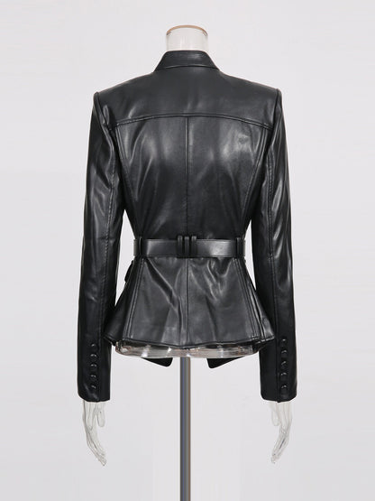 Black Faux Leather Belted Jacket with Gold Buckle - SISPELL