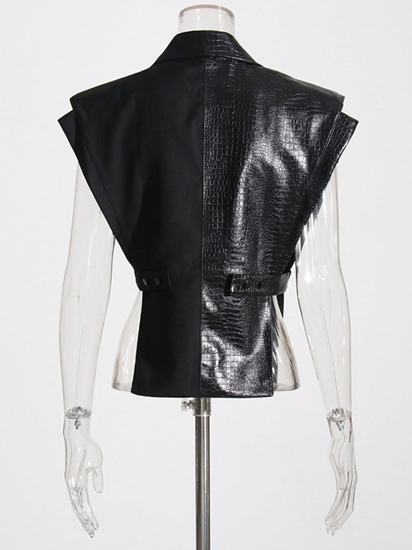 Black Faux Leather Crocodile Pattern Sleeveless Vest - SISPELL