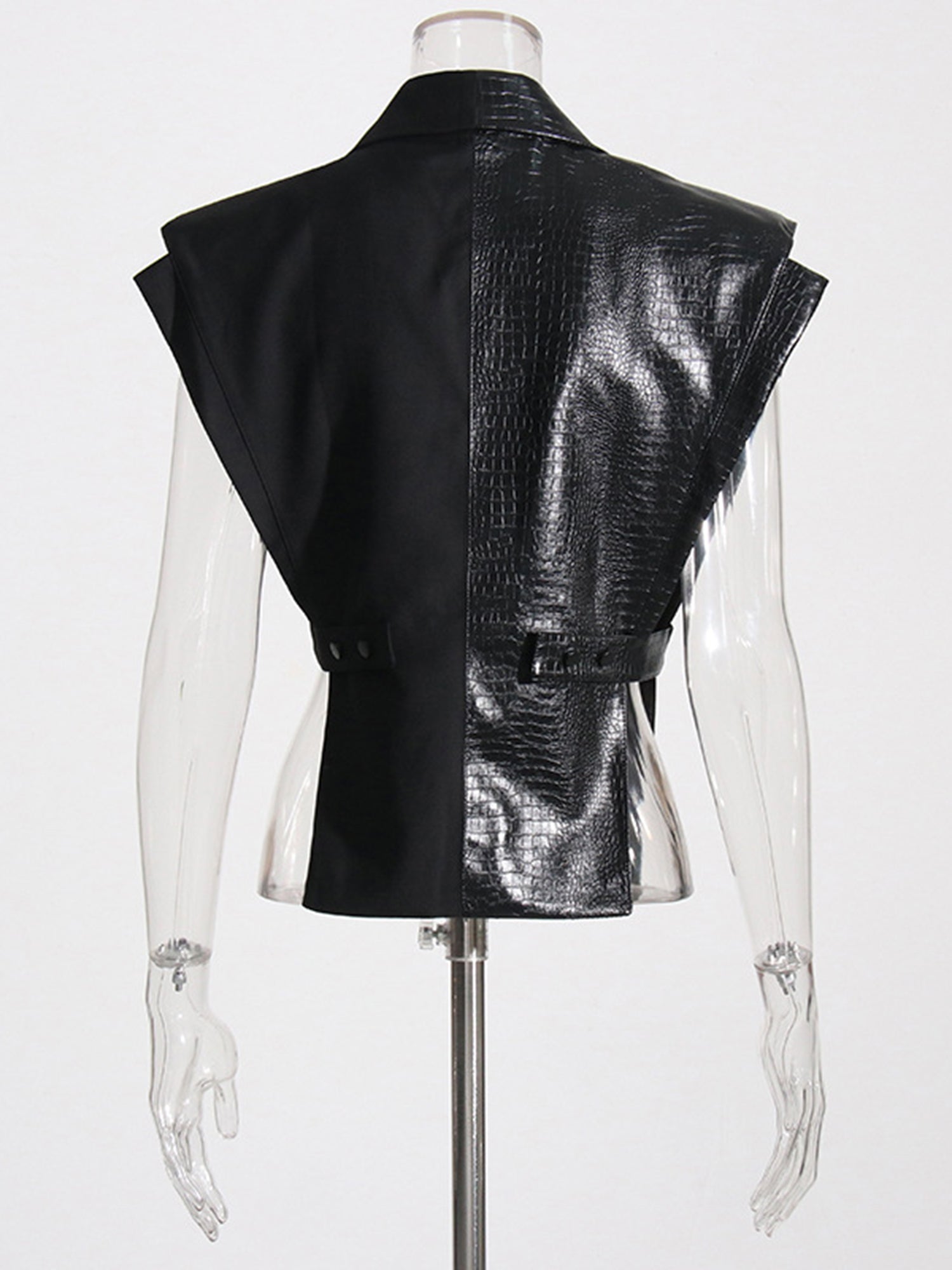 Black Faux Leather Crocodile Pattern Sleeveless Vest - SISPELL