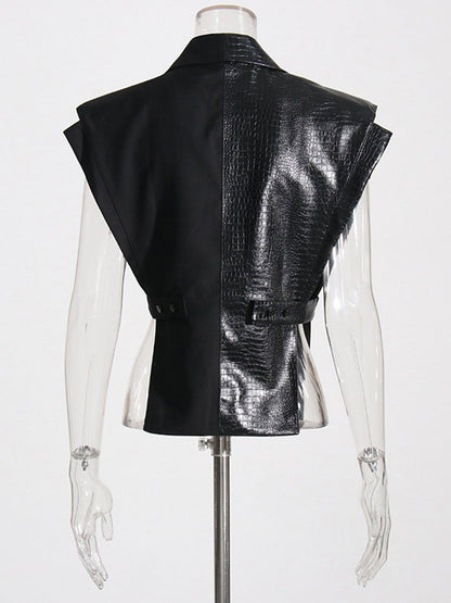 Black Faux Leather Crocodile Pattern Sleeveless Vest - SISPELL