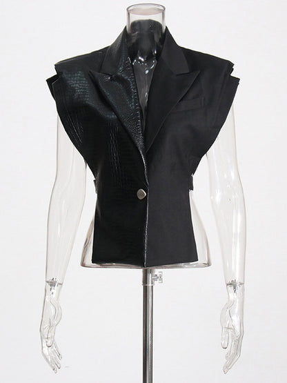 Black Faux Leather Crocodile Pattern Sleeveless Vest - SISPELL