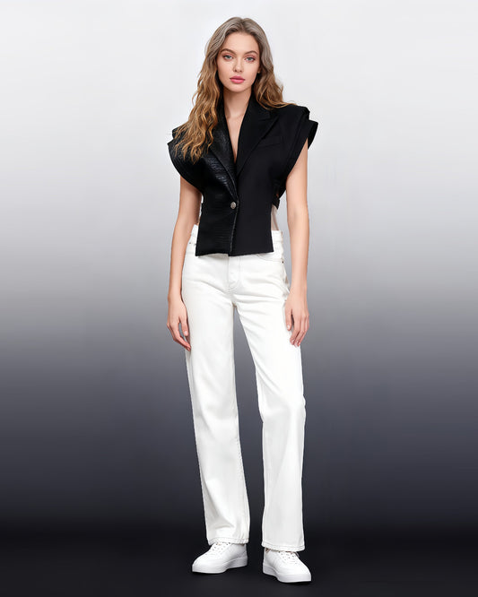 Black Faux Leather Crocodile Pattern Sleeveless Vest - SISPELL