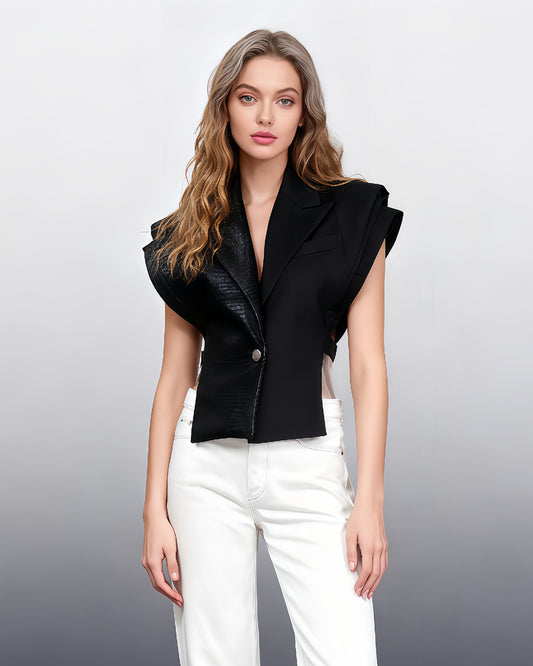 Black Faux Leather Crocodile Pattern Sleeveless Vest - SISPELL