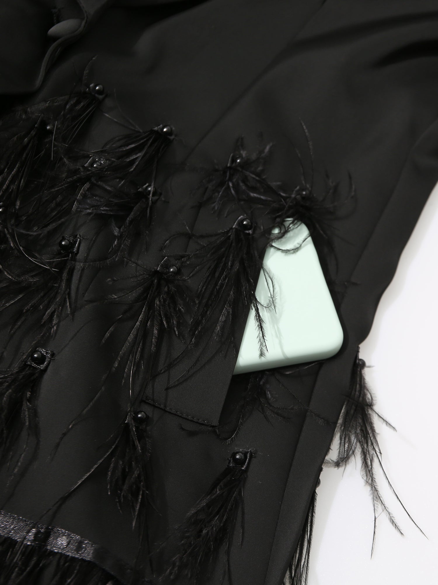 Black Feather - Trimmed Blazer Dress with Rhinestone Belt - SISPELL