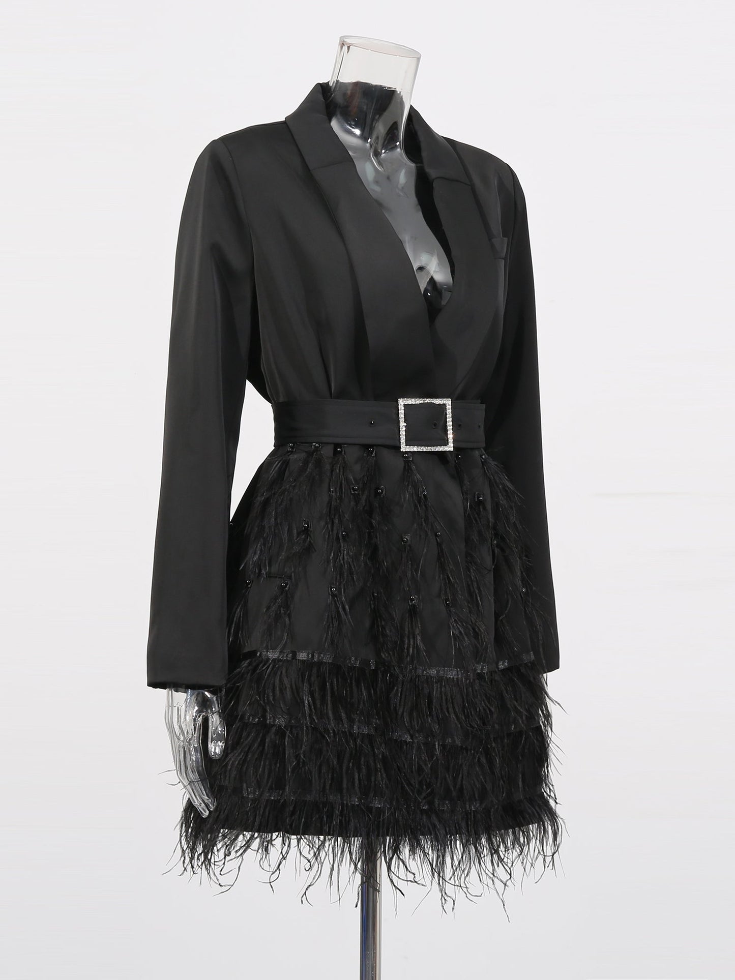 Black Feather - Trimmed Blazer Dress with Rhinestone Belt - SISPELL