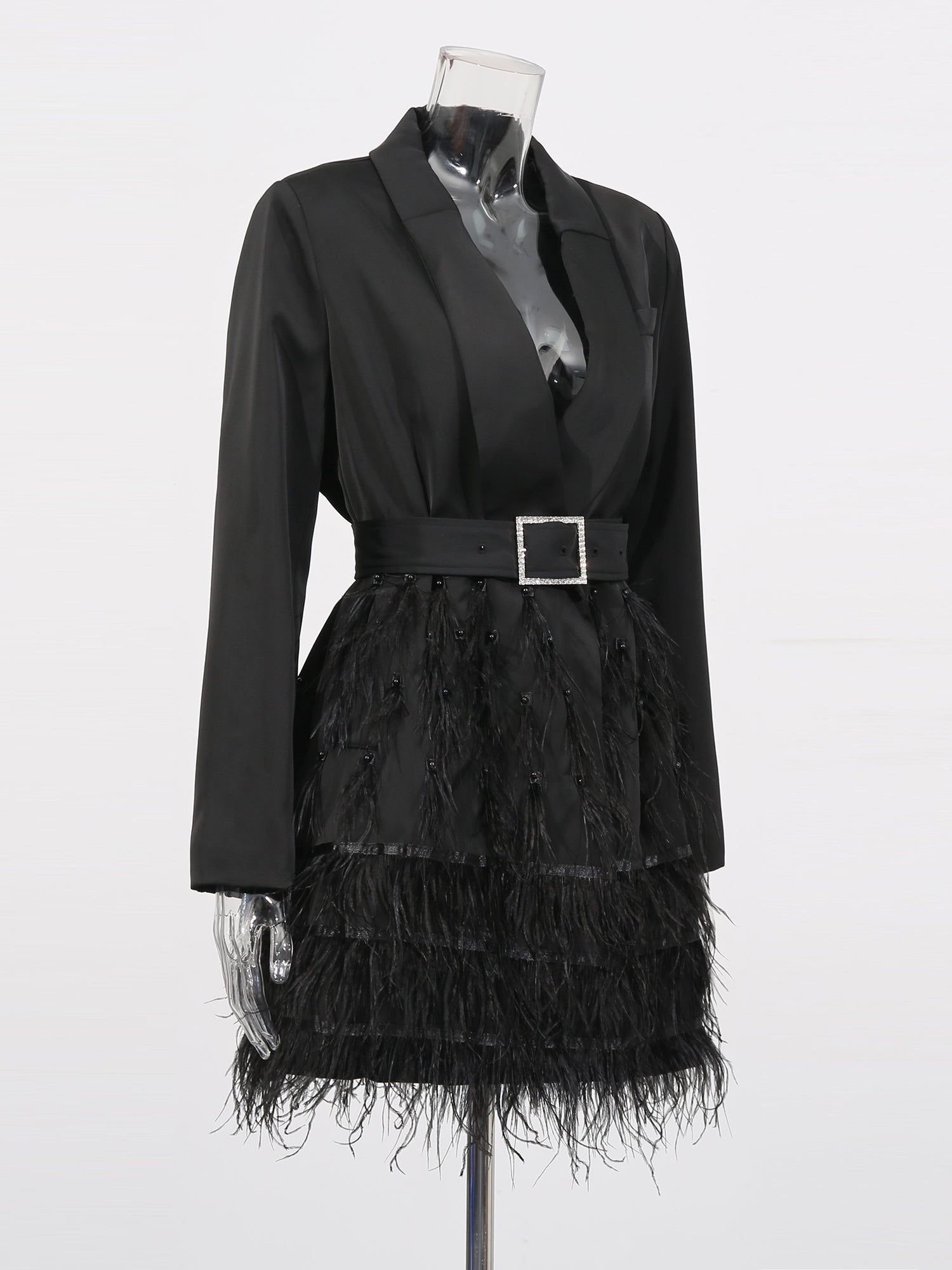 Black Feather - Trimmed Blazer Dress with Rhinestone Belt - SISPELL
