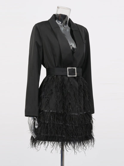 Black Feather - Trimmed Blazer Dress with Rhinestone Belt - SISPELL