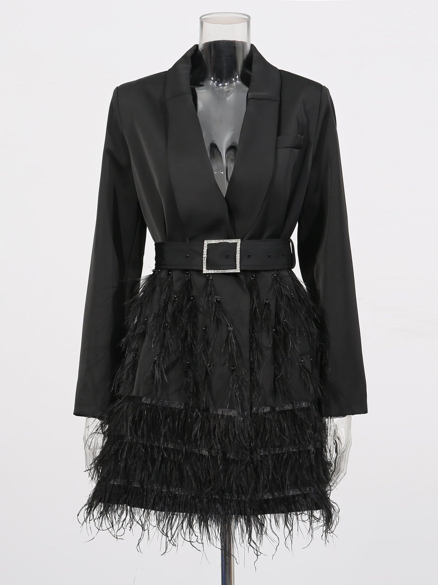 Black Feather - Trimmed Blazer Dress with Rhinestone Belt - SISPELL